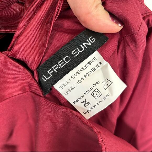 ALFRED SUNG Halter Lace-Up Back Satin Twill Gown In Burgundy - Picture 8 of 11